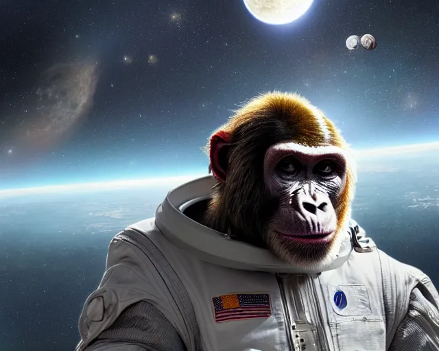 Prompt: hdr portrait photography an ape wearing a spacesuit!, pointing his hand to a full moon, with spacex rocket behind his back. cinematic, coherent portrait, intricate, elegant, highly detailed, digital photo, trending on artstation, hdr photo, smooth, sharp focus, illustration, art by artgerm and greg rutkowski and alphonse mucha