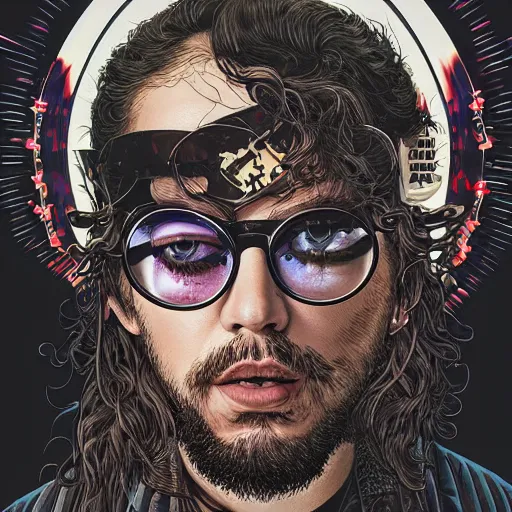 Prompt: portrait closup of crazy post malone with round digital sunglasses, symmetrical, by yoichi hatakenaka, masamune shirow, josan gonzales and dan mumford, ayami kojima, takato yamamoto, barclay shaw, karol bak, yukito kishiro