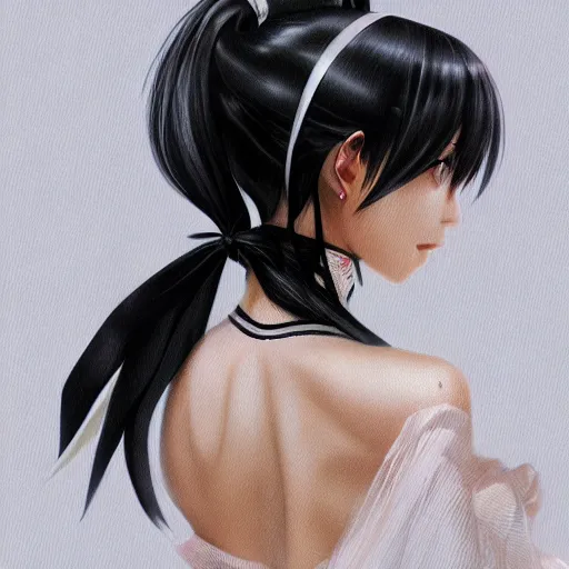 Image similar to luxury advertisement, astonishing portrait of a very beautiful anime high-school girl with black hair ponytail, white ribbon, full perfect face, realistic, highly detailed background, artstation, 120 degree view, drawn by Sasoura, Satchely and Akihiko Yoshida, no distortion