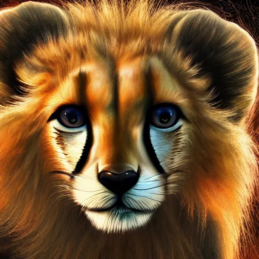 Image similar to portrait of a cute fluffy baby cheetah with long furry colorful lion mane detailed painting 4 k