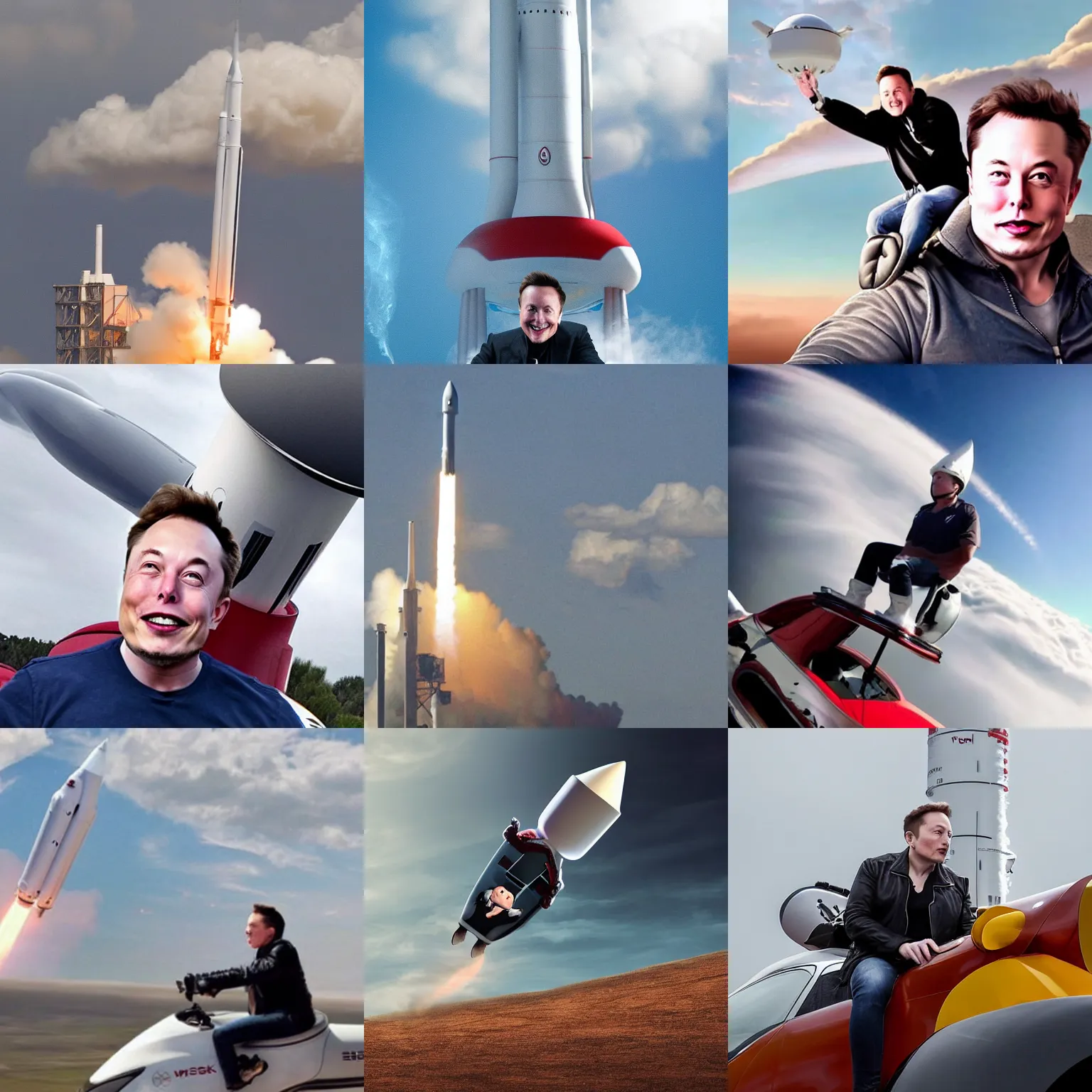 Prompt: elon musk riding through the clouds on a cute giant rocket sitting sidesaddle