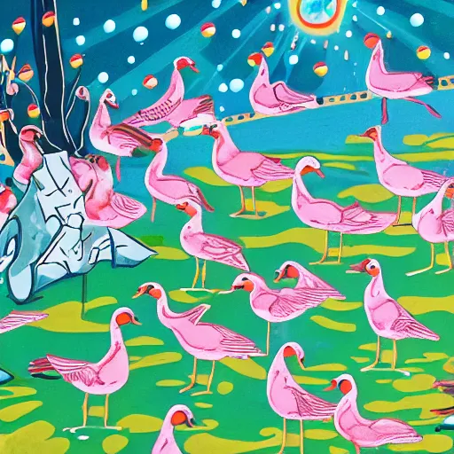 Prompt: a disco with geese partying