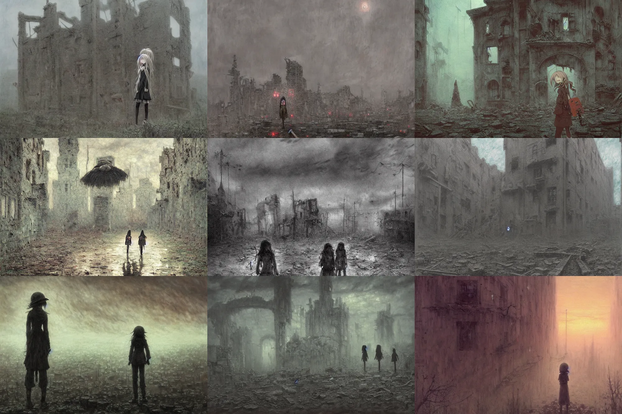 Prompt: gloomy eerie fanart of girl's last tour anime. cute anime girls in a ruined city, zdislaw beksinski, creepy, horror, beautiful painting by claude monet 8 k