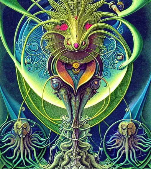 Prompt: tarot style logo of a mythical beast with headphones nodding to some dank techno smiling contentedly with closed eyes. by roger dean and andrew ferez, art forms of nature by ernst haeckel, divine chaos engine, symbolist, visionary, art nouveau, botanical fractal structures, organic, detailed, realistic, surrealism