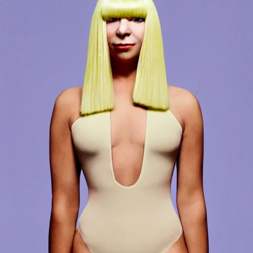 Image similar to sia furler wearing a skin colored leotard full body artistic photoshoot