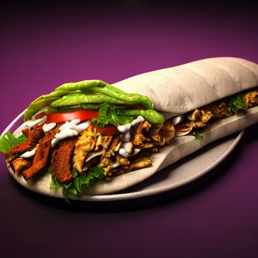 Prompt: ultradetailed still - life shawarma on plate insanely detailed, octane render, cgsociety cyberpunk, neon, vaporwave sci - fi, futuristic, amazing space creature 4 k, 8 k, hyper realism scary, alluring, coveted alive