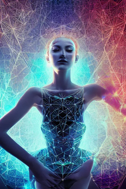 Image similar to intricate holographic quantum ghostwave entanglement beautiful ballerina in a sacred geometry cube made of micro circuitry and transistors in a glowing deep sea by nekro, smooth, focus, symmetrical face, trending on artstation, cgsociety 4 k