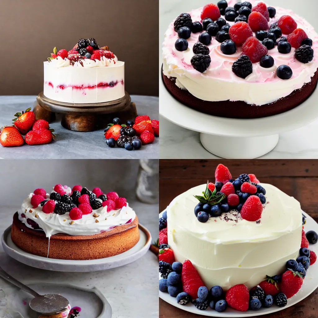 Prompt: Berry cake with vanilla, cream and chocolate decor