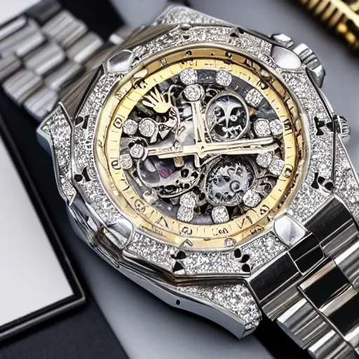 Image similar to vvs diamond watch, intricate design, rolex, cogs and gears, steampunk watch, bejeweled beautiful watch, richard mille, breitling watch, promotional photo, 8 k photography