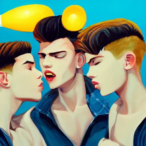 Image similar to a painting of three male teenagers with rockabilly haircuts holding yellow ice pops and looking at women in the streets high details by ross tran