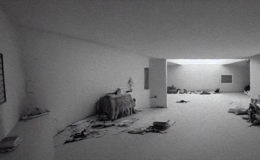 Image similar to screenshot photo low angle interior of a house built on nothing and something for the nothing underneath, scene from being john malcovich film directed by charlie kaufman ( 2 0 0 1 ), moody cinematography, 2 4 mm anamorphic lens, 3 5 mm film