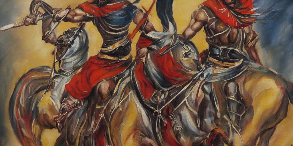 Prompt: persian warrior painting, hd, smooth, canvas, clear, sharp focus