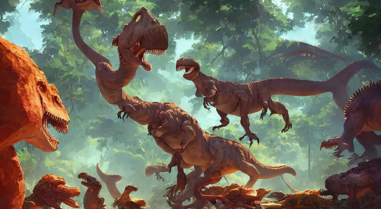 Image similar to dinosaurs, amazon jungle heartstone global illumination ray tracing hdr official fanart behance hd artstation by jesper ejsing, by rhads, makoto shinkai and lois van baarle, ilya kuvshinov, rossdraws