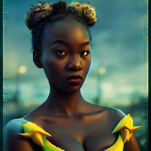 Image similar to an afican girl by wlop, wearing a pikatchu costume by sawoozer, rtx reflections, octane 1 2 8 k, extreme high intricate details, digital abstract art by ross tran, medium shot, close up shot, composition by sana takeda, lighting by greg rutkowski