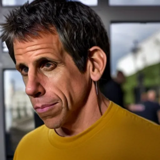 Image similar to a selfie of ben stiller sad because he got mustard on his shirt