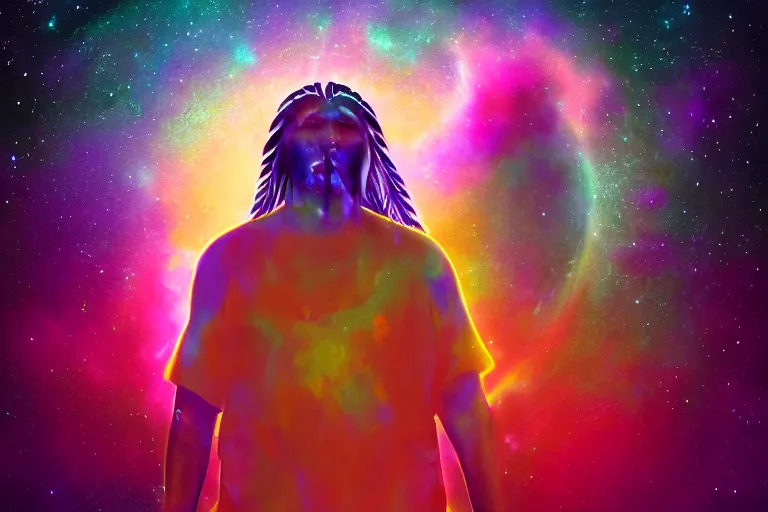 Prompt: photograph of a spiritual native american man looking up at the stars, art, universe, blender, pastel colors, synthwave, retro, cyberpunk,