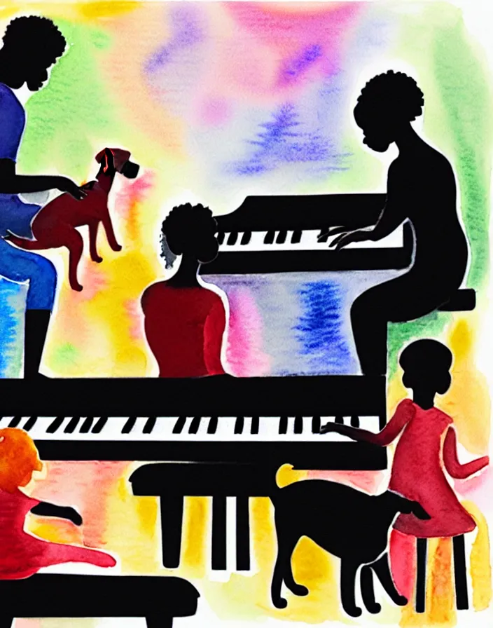 Prompt: a white person and a black person near the piano keyboard with two dogs water colors