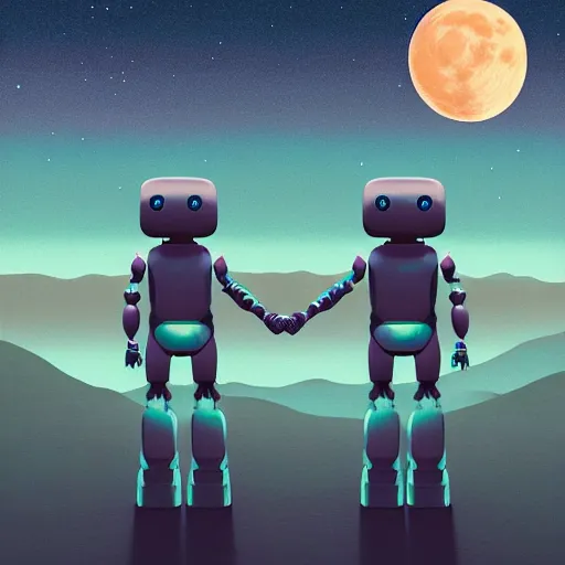 Prompt: illustration of two robots holding hands on a summit, standing, looking out toward a full moon on a starry night, beautiful, muted colors, in the style of hirohiko araki, zdzisław beksinski, atey ghailan
