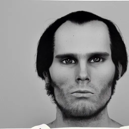 Prompt: A mugshot portrait of a man who looks like Jerma985 with a receding hairline and short mid-length wavy hair, wearing mid-1980s menswear in the late 1980s, taken in the late 1980s, grainy, realistic, hyperrealistic, very realistic, highly detailed, very detailed, extremely detailed, detailed, trending on artstation, front facing, front view, headshot and bodyshot, detailed face, very detailed face