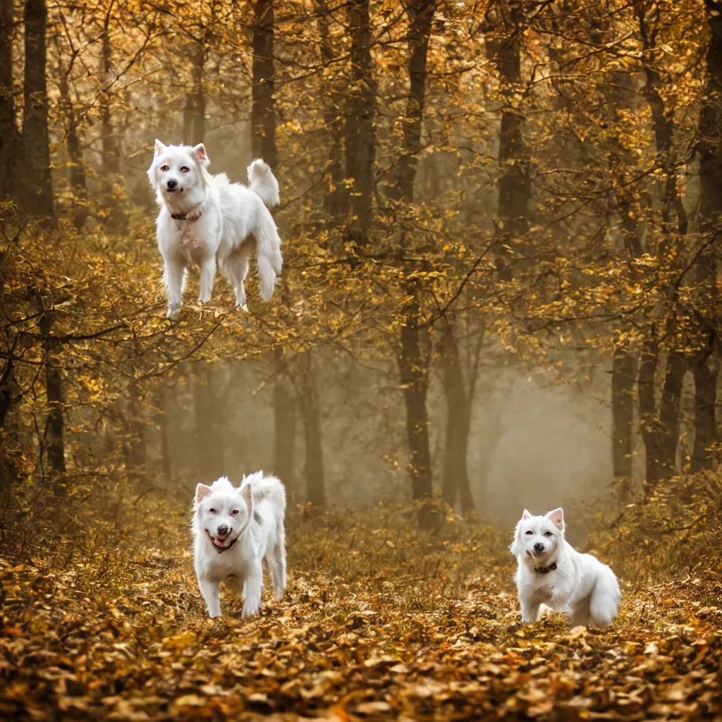 Prompt: one white laika dog, autumn, foggy old forest, very detailed, 4 k, professional photography