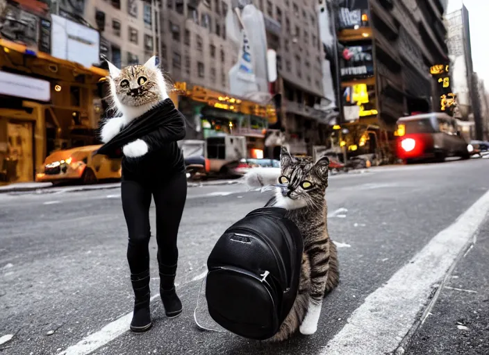 Image similar to photography of a Cat being carried in an half open backpack . in a new york street. award winning photo, led lighting, night, 130mm, sharp, high res