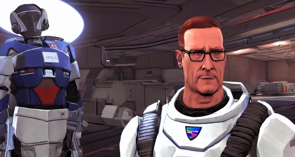 Prompt: ps 5. cargo bay. hank hill as commander shepard discussing the possibilities of propane tank based spaceship propulsion within the ssv normandy in mass effect 2. mid - conversation portrait. dim bg. cutscene. hd.