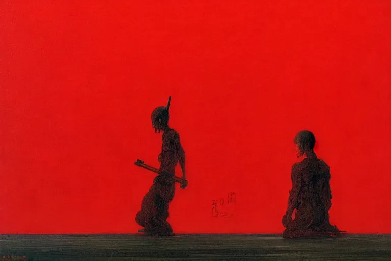 Image similar to only with red, a red samurai, tokio in background, some evil yokai, in the style of beksinski, parts by edward hopper, parts by rodcenko, parts by yue minjun, intricate and epic composition, red by caravaggio, insanely quality, highly detailed, masterpiece, red light, artstation, 4 k