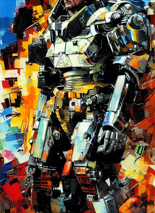 Prompt: cyborg pinochet painting by john berkey and yoji shinkawa