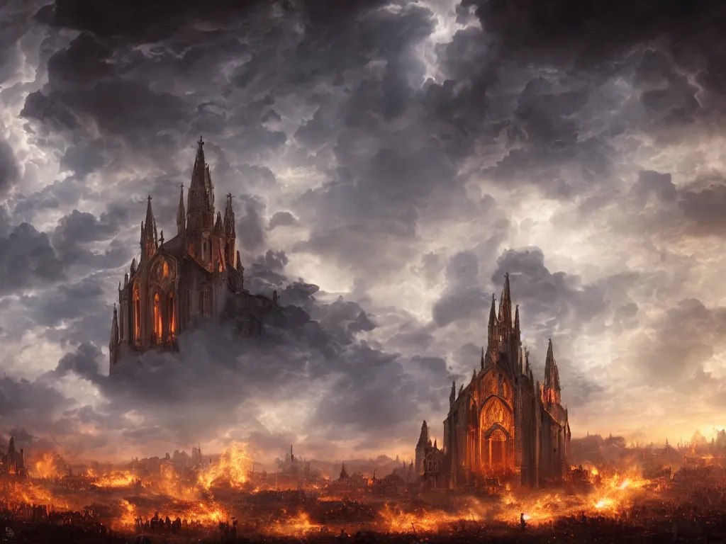 Prompt: an epic matte painting of heaven versus hell, a big church buening in the middle of the frame, master shot, massive, cinematic lighting, high definition,, symmetrical, clouds, darkness, 8 k
