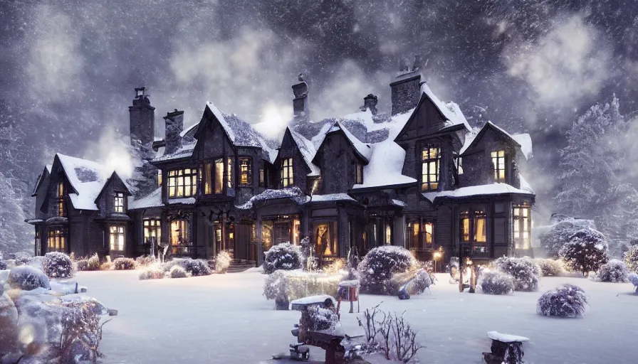 Prompt: Realistic image of a black Neo-Gothic manor with Christmas light built in a middle of snowy mountains with smoke coming out of the chimney at night, snowmen outside, hyperdetailed, artstation, cgsociety, 8k