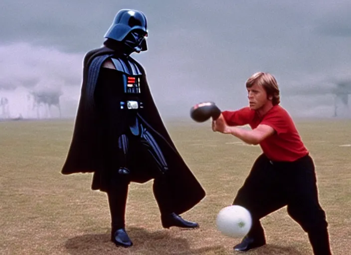 Image similar to film still of Darth Vader plays catch with a football with Luke Skywalker in the new Star Wars movie, 4k