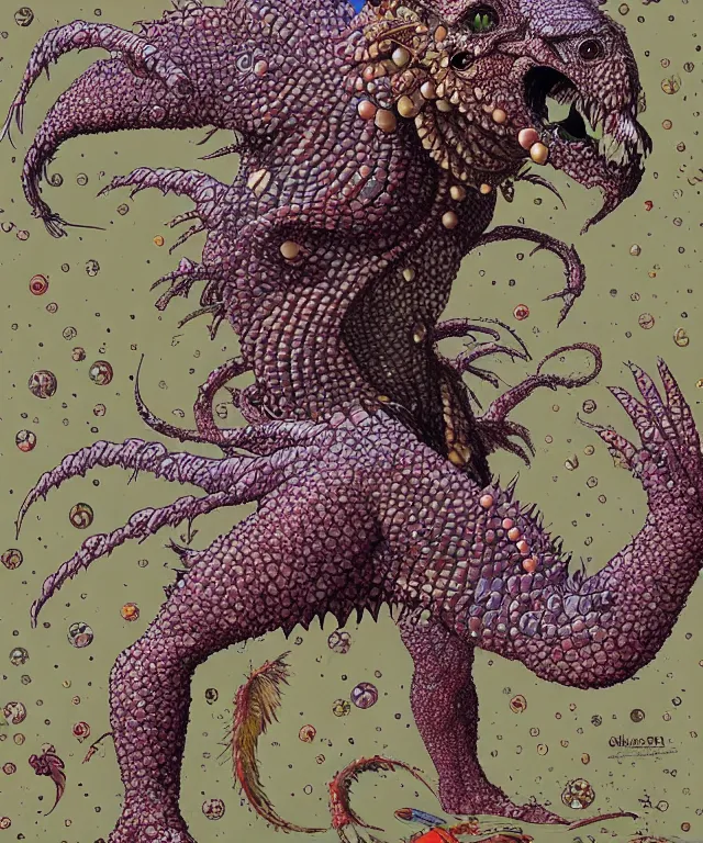 Image similar to a creature covered in scales and feathers spitting acid, fantasy, elegant, digital painting, artstation, concept art, matte, sharp focus, illustration, art by geof darrow