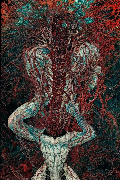 Prompt: realistic detailed image of a Body ripping apart, Conjuring Psychedelic by Shintaro Kago, Neo-Gothic, gothic, rich deep colors. Beksinski painting, part by Adrian Ghenie and Gerhard Richter. art by Takato Yamamoto. masterpiece