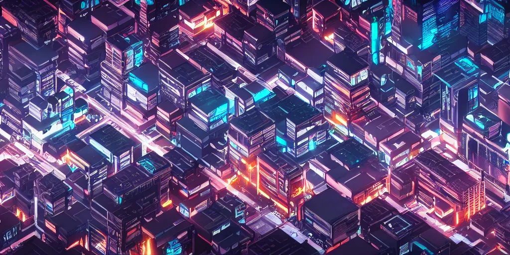 Image similar to cyberpunk city, isometric, 4K, vray render, wide angle