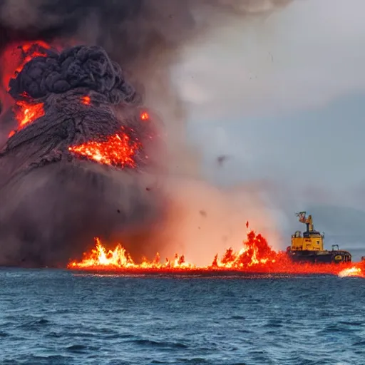 Prompt: a photo of a burning tugboat being attacked by demons while a volcano erupts