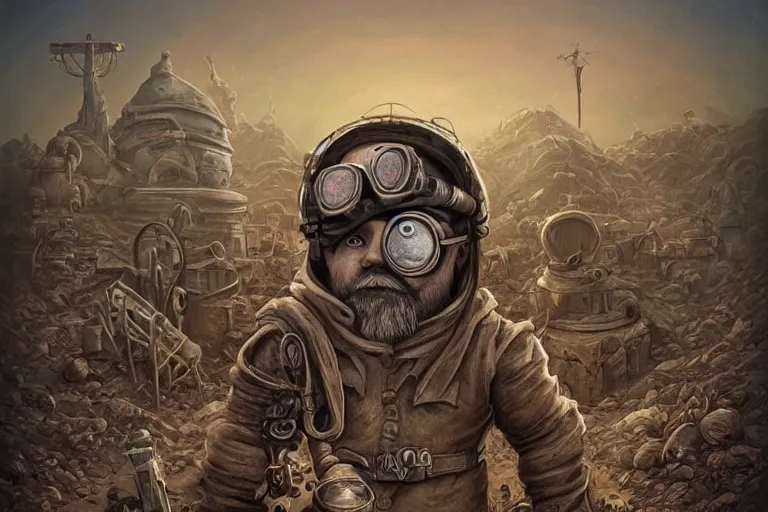 Image similar to a highly detailed forgotten garden gnome wearing goggles and head scarf surviving in a vast barren desert, hopeless wasteland background with a relentless raging sun overhead, post - apocalyptic road warrior vibe, full body, wide angle, an ultrafine detailed painting by joe fenton, trending on deviantart, pop surrealism, whimsical, lowbrow, perfect symmetrical face, sharp focus, octane, masterpiece