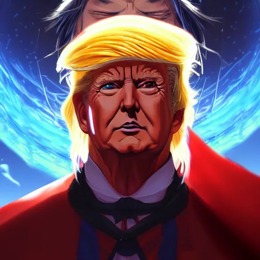 Image similar to anime portrait of Donald Trump as a shaman yedi using dark force to eliminate trump as an anime antagonist by Stanley Artgerm Lau, WLOP, Rossdraws, James Jean, Andrei Riabovitchev, Marc Simonetti, and Sakimichan, trending on artstation