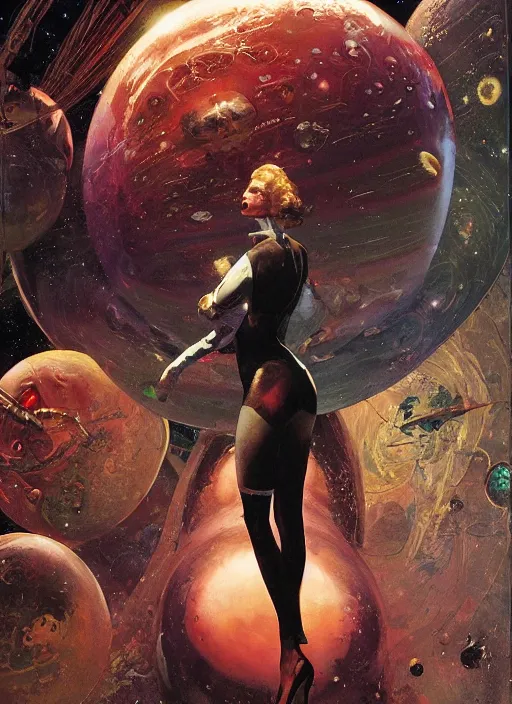 Prompt: tall elegant venusian woman wearing a latex spacesuit on alien world, by norman rockwell, jack kirby, jon berkey, earle bergey, craig mullins, ruan jia, jeremy mann, tom lovell, astounding stories, pulp illustration, scifi, amazing stories, other worlds