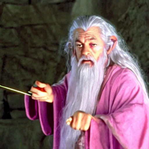 Image similar to gandalf wearing a light pink robe, wearing a large hello kitty hair clip, movie still from the lord of the rings