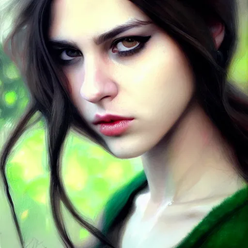 Image similar to a realistic illustration portrait of a beautiful cute girl with wavy black red shoulder - long hair, a pointy nose and, round chin black eyeliner and green pupills, in a garden, trending on artstation, hyper - realistic lighting, intricate by casey baugh