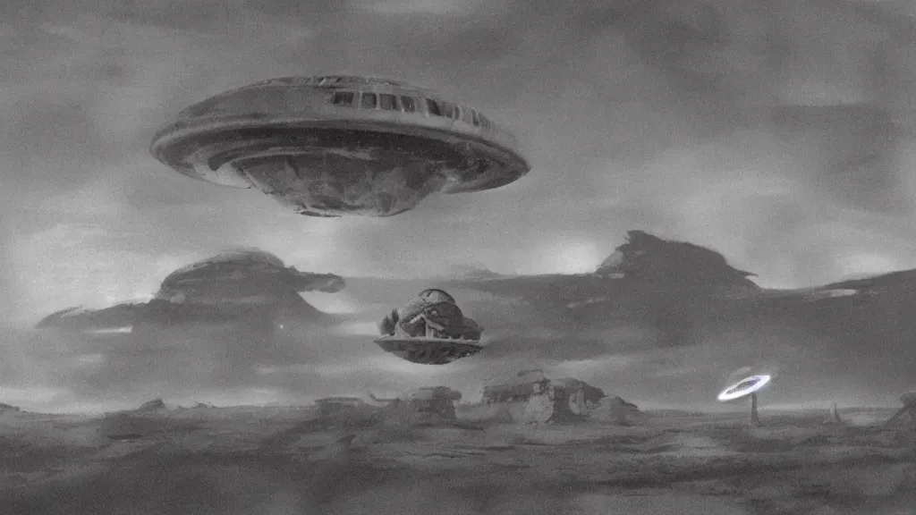 Prompt: eerie atmospheric alien planet with a small dropship pod landing by jack gaughan and john schoenherr, epic cinematic matte painting