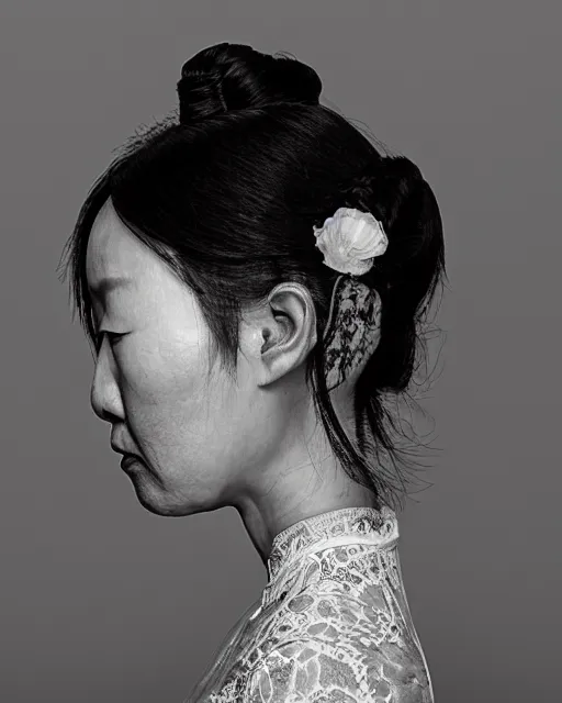 Prompt: a chinese woman's face in profile, made of intricate lace skeleton, in the style of the dutch masters and gregory crewdson, dark and moody