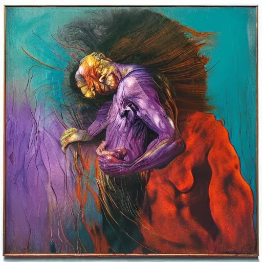 Image similar to high quality high detail expressionist painting zdzislaw beksinski by lucian freud and jenny saville and francis bacon and francisco goya and edvard munch, hd, anxiety, turquoise and purple and orange and pink