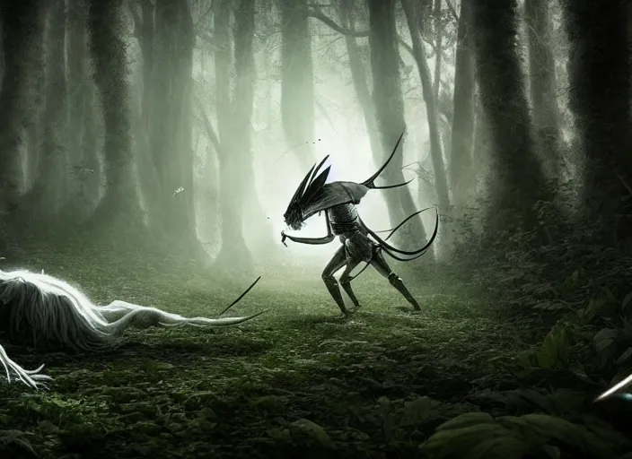 Image similar to knight fights off a giant white spider in a forest. highly detailed 8 k. intricate. lifelike. soft light. fantasy horror style. cinematic post - processing