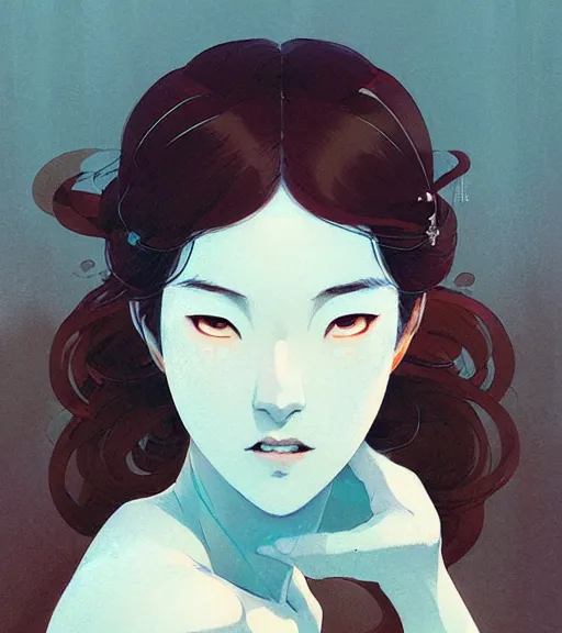 Prompt: portrait of a beautiful alluring immortal japanese goddess by atey ghailan, by greg rutkowski, by greg tocchini, by james gilleard, by joe fenton, by kaethe butcher, by rick wade art, dynamic lighting, gradient light blue, brown, blonde cream and white color scheme, grunge aesthetic