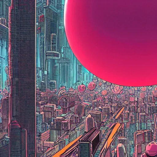 Prompt: adularia, apocalyptic spherical explosion, city, akira art style, pink, red