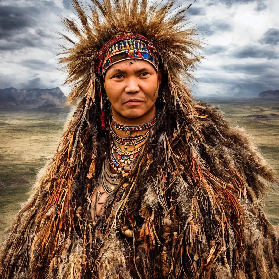 Image similar to extremely detailed award winning national geographic full body portrait photography from ancient tribal shaman multiple from different cultures all over the world. 64megapixel. Realistic render. Landscape background what is slightly blurry and windy.