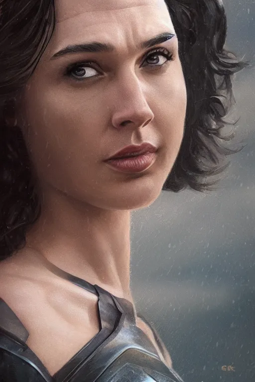 Image similar to a fancy portrait close up of Man of Steel cast as gal gadot by Greg Rutkowski, Sung Choi, Mitchell Mohrhauser, Maciej Kuciara, Johnson Ting, Maxim Verehin, Peter Konig, 8k photorealistic, cinematic lighting, HD, high details, dramatic, trending on artstation, full body shot