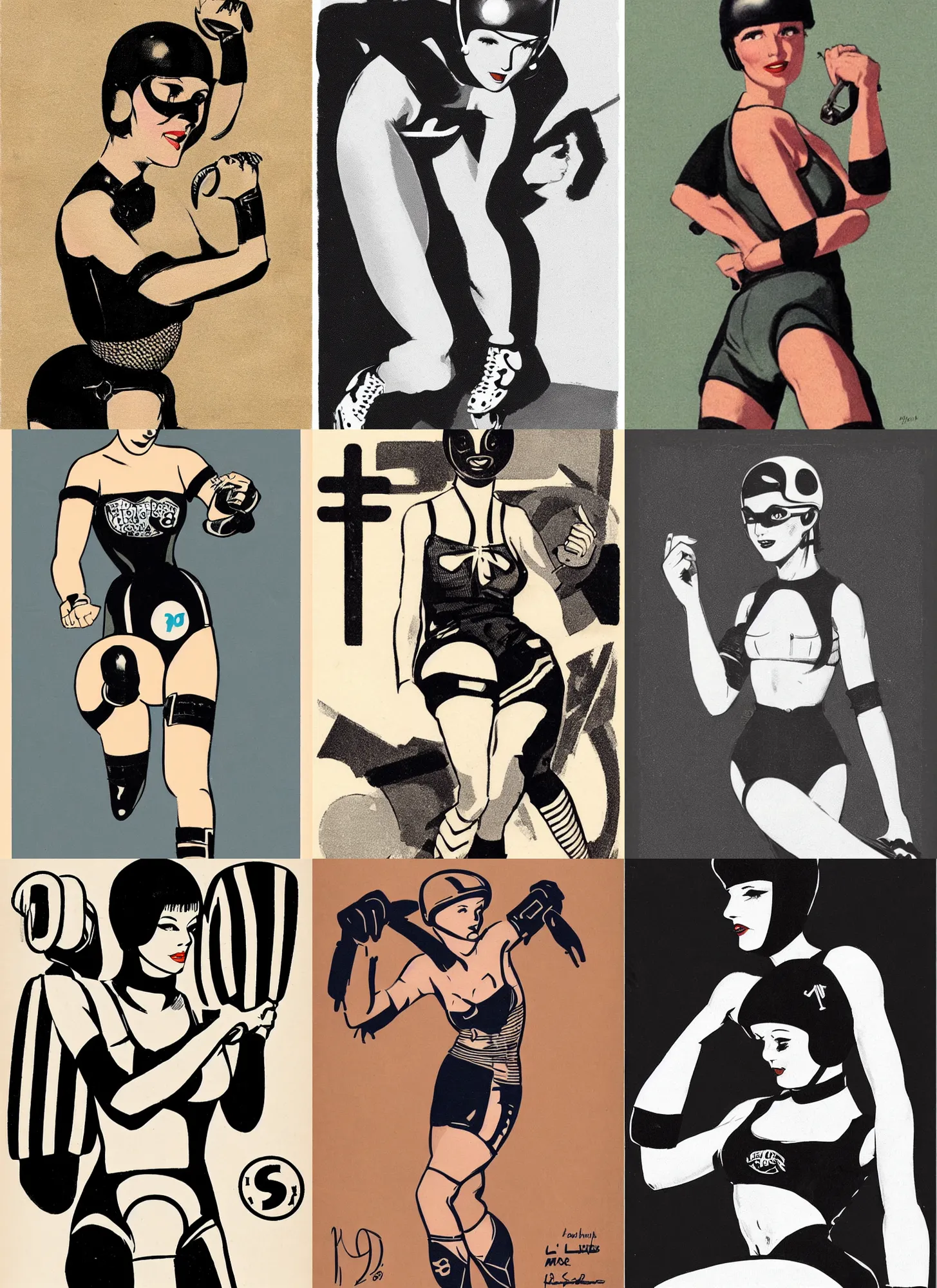 Prompt: 1950s logo of a roller derby girl (Mary Louise Brooks) doing Cross-Over, wearing skate helmet, knee pads, elbow pads, fishnet tights, showing off biceps, illustration by greg rutkowski and mcbess, 1950s