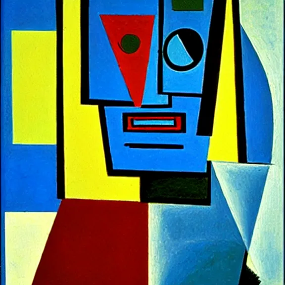 Prompt: cubist painting of a robot by Pablo Picasso, clean lines